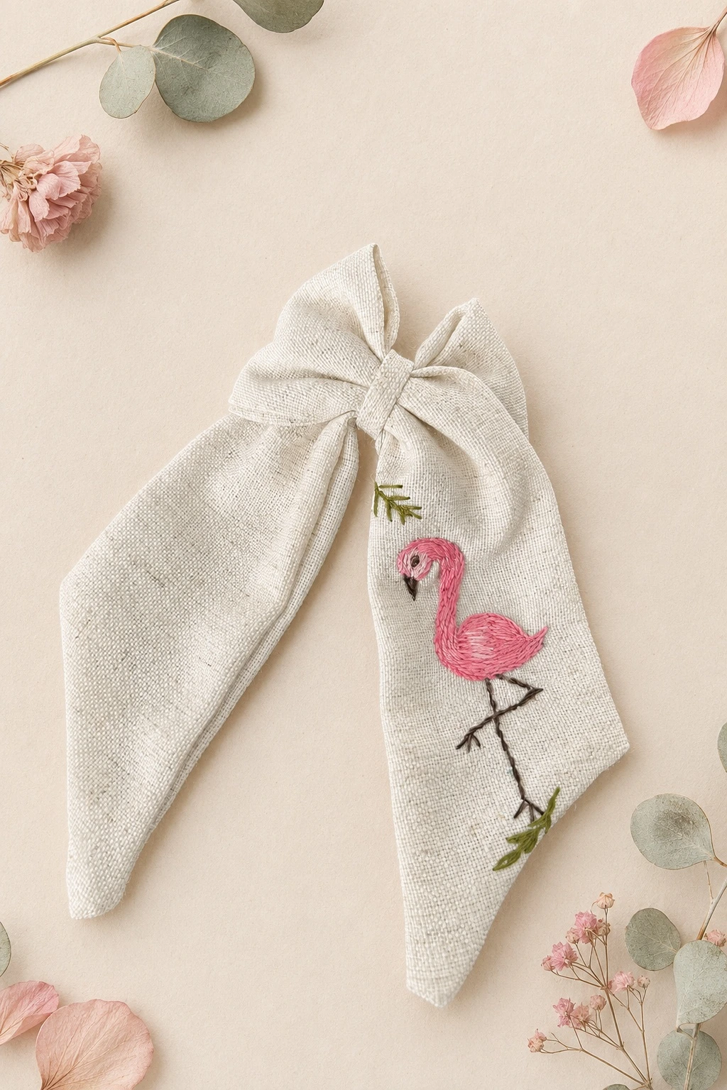 Nakışlı Keten Kuyruklu Tokalar - Flamingo